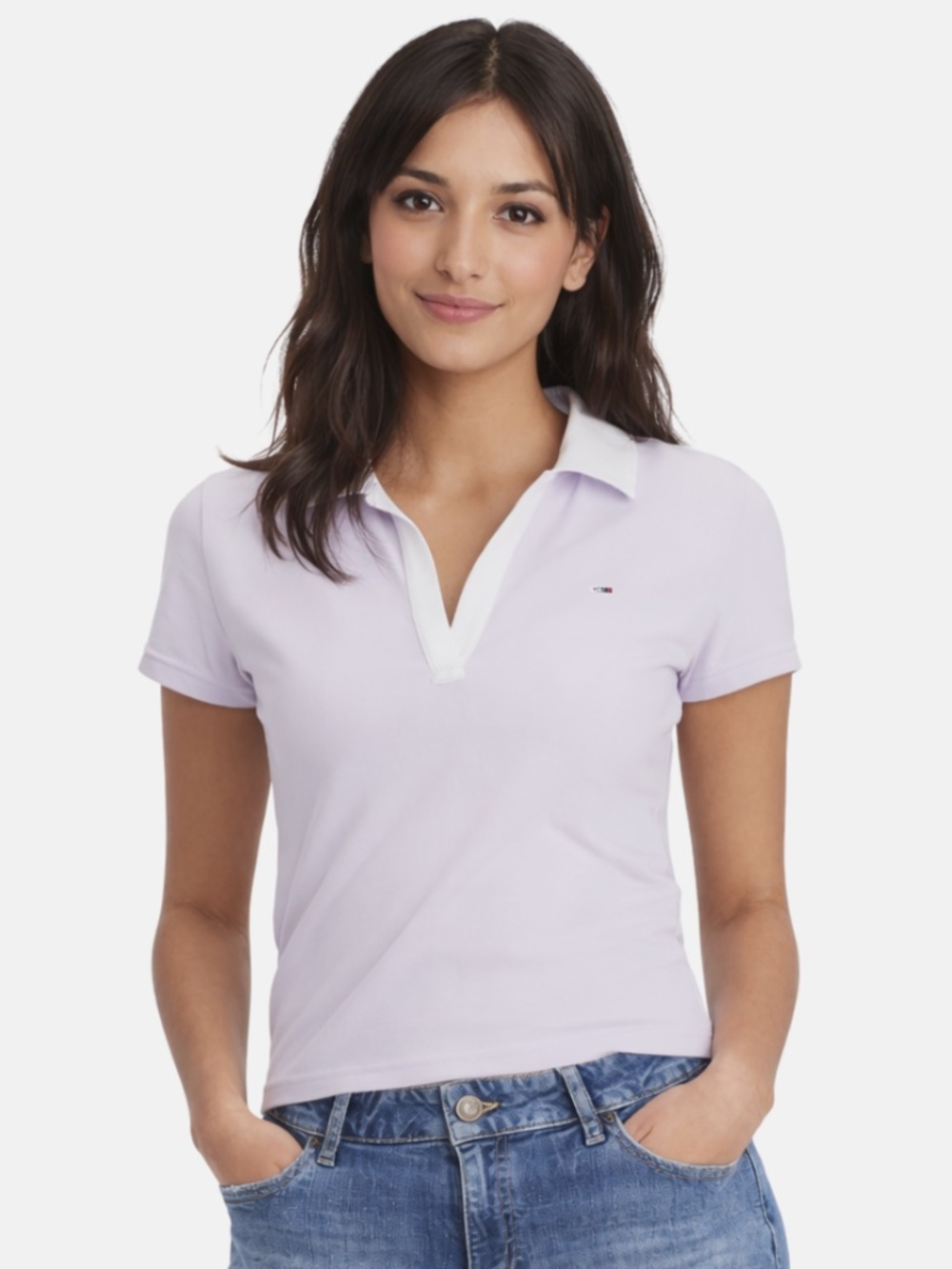 Tommy Jeans Women's Contrast-Collar Short-Sleeve Top - LAVENDER SIZE XS NWT